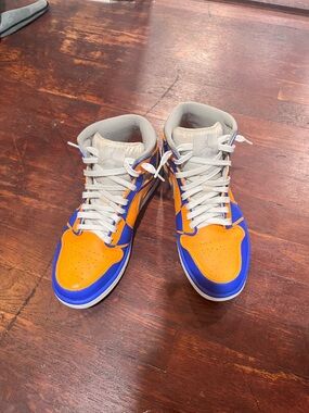 Nike Jordan 1 Mid Silver, Blue, White, and Orange, Customized Mens 8.5/Womens 10